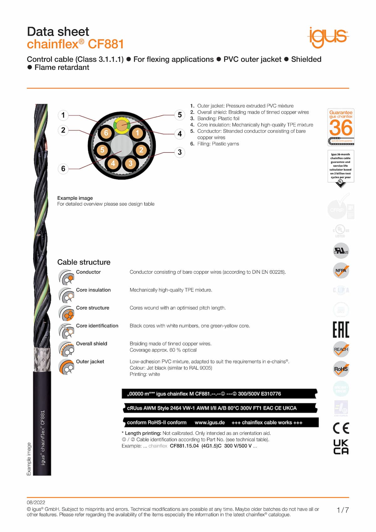 Technical data sheet chainflex® control cable CF881